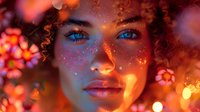 Young woman with curly hair and blue eyes surrounded by vibrant orange and pink bokeh lights with glowing particles on her face creating magical atmosphere.