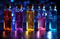 Colorful liquid potions in glass bottles with cork stoppers against dark blue bokeh background, magical alchemy concept.