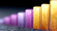 Glowing gradient blocks from purple to golden yellow arranged in ascending order with sparkle effect and bokeh background creating magical atmosphere.