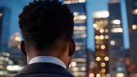 Young African American businessman looking at illuminated city skyline during evening hours, rear view perspective showing contemplative moment.