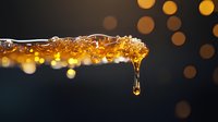 Golden honey drips from crystal edge against dark background with glowing bokeh lights, macro photography capturing sweet amber liquid in motion.