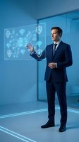 Professional businessman in navy suit interacting with holographic cybersecurity interface displaying network protection icons and wireless connectivity symbols.