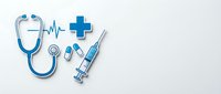 Medical equipment set with stethoscope, syringe, pills and cross symbol on white background for healthcare design projects.