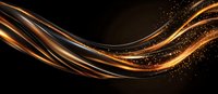 Glowing golden waves with sparkling particles flow across dark background creating dynamic motion effect for luxury design and festive backgrounds.
