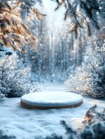 Magical winter forest scene with snow-covered platform surrounded by frosty pine branches and falling snowflakes in soft blue and golden light.