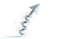 Spiral arrow made of scattered particles rising upward on white background, symbolizing growth, progress and breakthrough in business visualization.