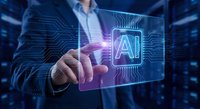 Businessman touching AI artificial intelligence holographic interface with glowing circuit board patterns on futuristic digital technology background.