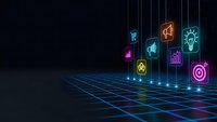 Futuristic digital interface with glowing neon icons floating above grid floor in dark cyber space for technology and innovation concepts.