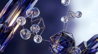 Molecular structure with geometric wireframe design on dark blue background for scientific research and chemistry education concepts.