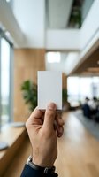 Hand holding blank white card in modern office interior with natural light, wooden accents, and blurred background, suitable for business branding and corporate mockup designs.