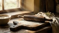 Rustic kitchen scene with wooden rolling pin, flour-dusted cutting board, and baking ingredients in warm sunlight streaming through window for homemade cooking.