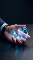 Businessman holding glowing neon wave of light with vibrant blue and purple colors, representing digital innovation, technology, and future concepts for business applications.