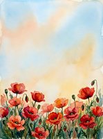 Watercolor red poppies field with soft pastel sky background for spring greeting cards and botanical wall art prints.