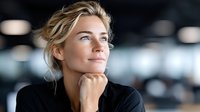 Professional blonde businesswoman in black attire looking upward thoughtfully in modern office environment, representing career success and leadership aspirations.