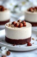 Mini chocolate and vanilla mousse cake topped with hazelnuts and chocolate crumbs on white plate. Elegant dessert with layered texture and natural decoration.