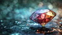 Multicolored diamond crystal on wet surface with bokeh background reflecting vibrant purple, orange and blue hues in dramatic macro photography.
