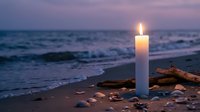 Peaceful beach scene with white candle glowing at sunset, driftwood and shells scattered on sand, gentle waves in background creating serene coastal atmosphere.