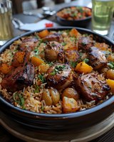 Grilled chicken thighs with caramelized onions and butternut squash served over aromatic rice, garnished with fresh herbs in dark ceramic bowl.
