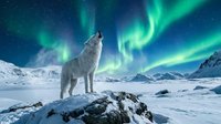 White wolf howling under vibrant green aurora borealis in snowy mountain landscape. Winter wildlife scene with northern lights dancing across starry sky.