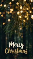 Merry Christmas greeting card with glowing bokeh lights on pine branches in dark forest, golden script text for holiday season.