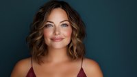 Young Caucasian woman with wavy brown hair and natural makeup smiling warmly at camera against dark teal background for portrait photography.