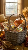 Wicker basket filled with colorful Indian corn and pumpkins in cozy autumn living room with warm sunlight streaming through window for seasonal decor.