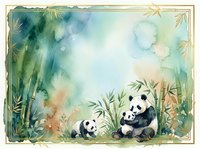 Watercolor panda family with mother and cub in bamboo forest frame with golden border for nursery decor and children's room wall art.