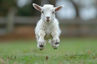 Playful white baby lamb jumping and floating in mid-air over green grass, showing joyful expression and fluffy wool coat, captured in spring season.