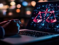 Digital scales of justice glowing in red on laptop screen with binary code background, hands typing on keyboard in dark room with bokeh lights.