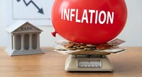 Red balloon labeled inflation on vintage scale with money and bank model showing economic pressure and financial crisis concept for business analysis.