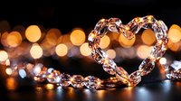 Glowing heart shape created with fairy lights against dark background with golden bokeh lights, romantic holiday decoration for Valentine's Day or wedding.