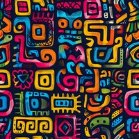 Vibrant seamless pattern with abstract tribal symbols in neon pink, yellow, blue and green on black background. Repeating geometric maze design for fabric and wallpaper.