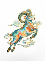 Ornate ram with curved horns leaping among decorative clouds, featuring blue, gold, and orange watercolor patterns. Isolated on transparent background, ready for t-shirts, stickers, clipart, and print-on-demand designs.