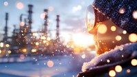 Industrial worker in protective gear observing oil refinery at sunset during winter snowfall, with bokeh lights and steam creating atmospheric mood.