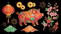 Lunar New Year clipart set with pig, lantern, coins, cherry blossom, clouds, and fireworks, isolated on transparent background, ready for stickers, sublimation, and t-shirt design.