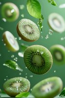 Fresh kiwi slices floating in air with green leaves and water droplets against green background, creating dynamic food composition.
