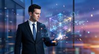 Professional businessman in suit presenting holographic data visualization and digital network technology in modern office environment for business presentations.
