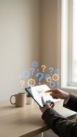Businessman using tablet with FAQ floating icons for customer support and help desk solutions in modern office workspace.