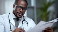 African American male doctor in white coat and glasses reviewing medical charts while sitting in modern medical office with stethoscope around neck.