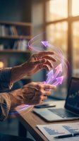 Businessman hands holding glowing holographic arrows pointing upward, symbolizing growth, success, and digital innovation in a modern office.