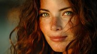 Young redhead woman with freckles and green eyes in warm golden sunlight. Natural beauty portrait with soft lighting for skincare and cosmetics campaigns.