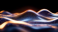 Abstract digital wave pattern with glowing orange light effect and particle surface creating dynamic flowing landscape against dark background.