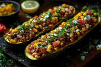 Stuffed zucchini boats filled with colorful vegetables, herbs and grains on dark wooden board. Healthy vegetarian dinner recipe for meal planning.