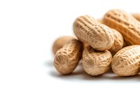 Fresh whole peanuts in shells on white background, macro view showing natural texture and detail of raw nuts for healthy snacking and cooking.