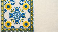 Traditional Ukrainian embroidery pattern with blue and yellow floral motifs on beige linen fabric, featuring sunflowers and folk ornaments for textile design.