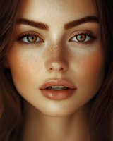 Close up portrait of young woman with freckles, amber eyes, and natural makeup showing flawless glowing skin and plump lips against dark background.