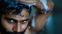 Close-up portrait of young Middle Eastern man with wet curly dark hair and beard taking shower, water drops on skin against dark background.