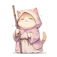 Cute kawaii cat character in pink hooded robe holding wooden staff, smiling with closed eyes. Fantasy RPG style mascot design on white background.