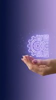 Hand holding glowing neon gear and circuit board icons against purple gradient background, representing technology, automation, engineering, and digital innovation concepts for business solutions.