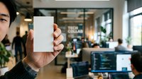 Young man of East Asian descent holding blank white card in modern office environment with colleagues working in background, suitable for business, technology, and corporate branding applications.